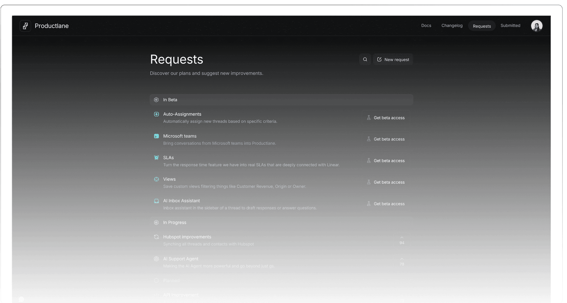 Productlane requests portal showing feature voting and status tracking
